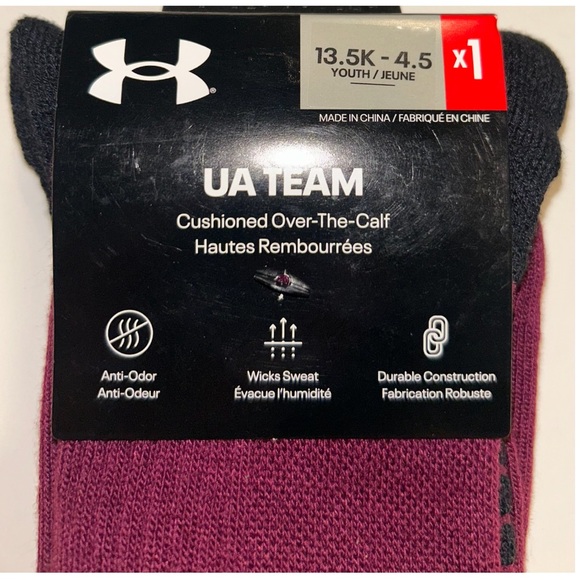 Under Armour UA Team OTC Soccer Socks 1 Pair Youth 13.5K-4.5 Maroon w White Logo - Picture 4 of 10